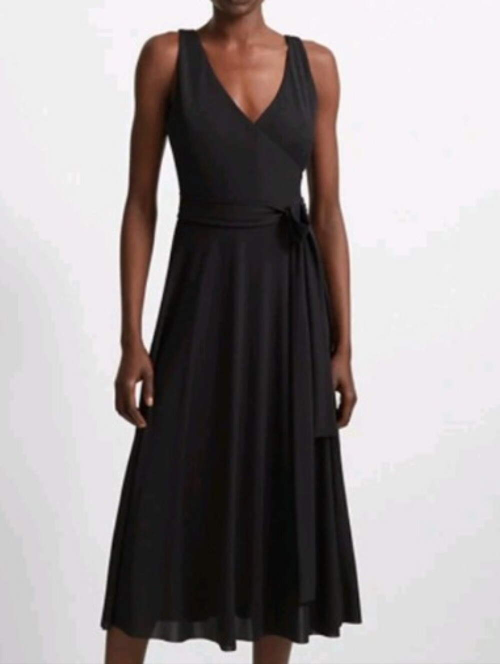 Club Monaco Jadrien Wrap Midi Dress with Tie Waist Black Ribbed